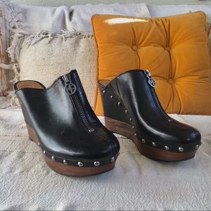 Black leather clog wedges